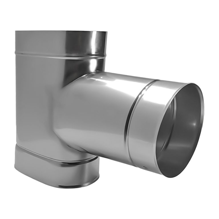 Ovālās skursteņa čaulas t-gabals 90&deg; 100&times;200 ar &Oslash;110 izeju &scaron;aurajā pusē (1mm) &ndash; OTK100X200/110-90-B